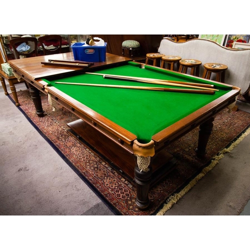 130 - QUALITY MAHOGANY DINING TABLE / SNOOKER TABLE COMPLETE WITH BALLS, CUES ETC. 120 X 225 X 73CM HIGH