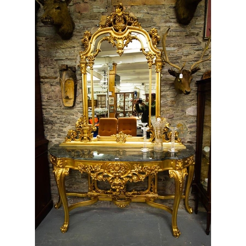 LARGE GILT MARBLE TOP CONSOLE TABLE 175W X 55D X 90H CM + MATCHING GILT MIRROR 160H CM