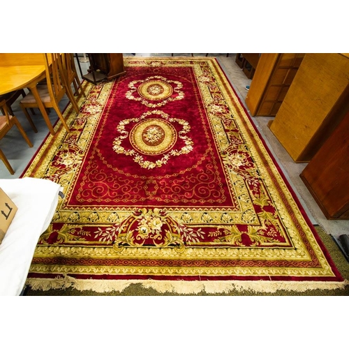 CLARET + GOLD MACHINE MADE RUG WITH FLORAL MEDALLIONS 480 X 280CM