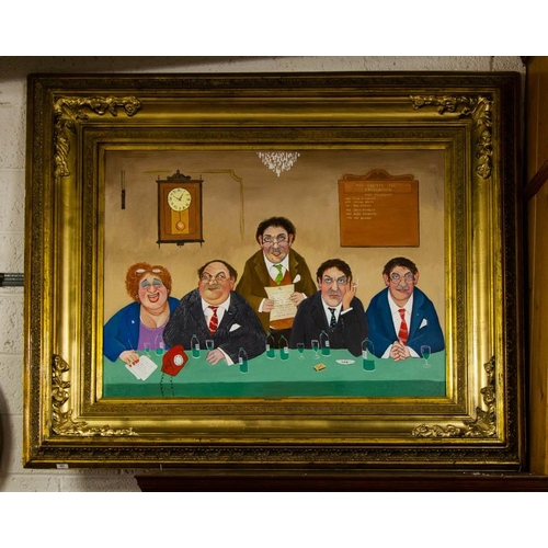 LARGE OIL ON CANVAS BY JOHN SCHWATSCHKE "THE SOCIETY FOR PREVENTION" IN HEAVY GILT FRAME. 170 X 140CM