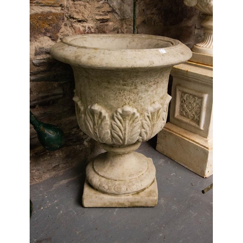 130 - PAIR OF ACANTHUS LEAF URNS 65H X 51W CM