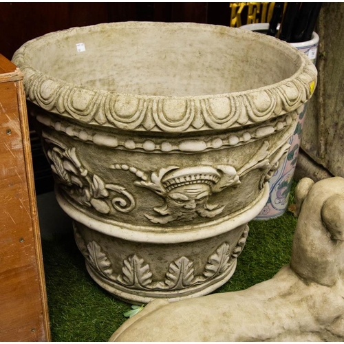 189 - PAIR OF LARGE STONE POTS WITH ORNATE LEAF DESIGN 50H X 56W CM