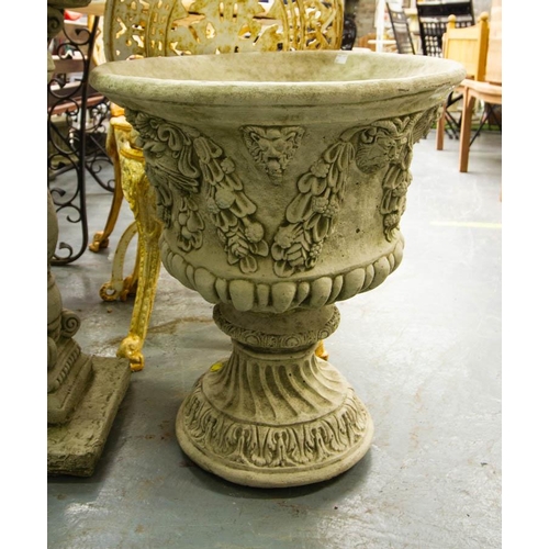 281 - PAIR OF ORNATE GRECIAN URNS WITH GRAPE DESIGN 75H X 50W CM