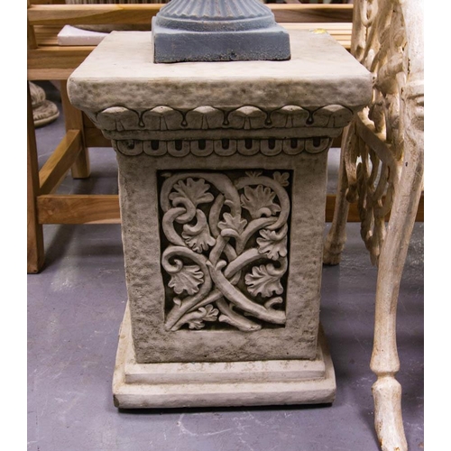 395 - 2 ORNATE STONE PLINTHS WITH LEAF DESIGN 36W X 50H CM