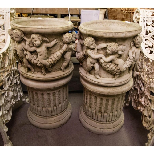 439 - PAIR OF CHERUB PLANTERS 30H X 40W CM - FLUTED PLINTH 36W X 42H CM