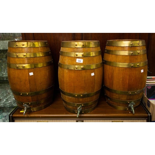 658 - 3 BRASS BOUND OAK BARRELLS - 48 CM HIGH