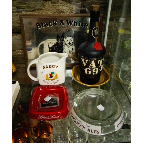 671 - 3 ASHTRAYS, BLACK & WHITE MIRROR, PADDY JUG + CIGARETTE HOLDER