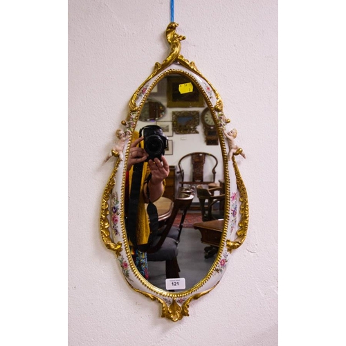 121 - ORNATE PORCELAIN + GILT MIRROR WITH CHERUBS 57 X 30CM