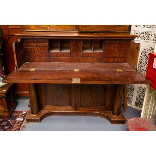 145 - ANTIQUE MAHOGANY 2 DOOR SECRETAIRE BLIND DOOR BOOKCASE. 140W X 63D X 242 CM HIGH