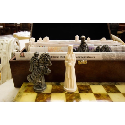 185 - MARBLE CHESS BOARD + BOX OF CERAMIC CHESS PIECES (32)