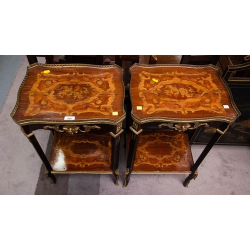 264 - PAIR OF FRENCH SHAPED 2 TIER SIDE TABLES WITH GALLERY BACK