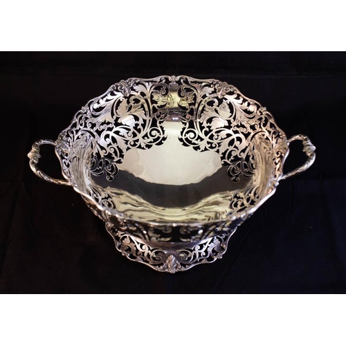 316 - PIERCED 2 HANDLE SILVER FOOTED BOWL BY MAPPIN & WEBB 23 X 30 X 12 CM