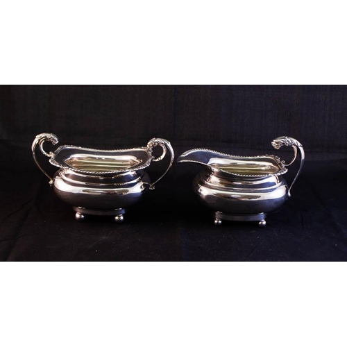 328 - 4 PIECE SILVER TEA SET ON CLAW FOOT INCLUDING KETTLE, TEA POT, SUGAR BOWL + MILK JUG, STAMPED BIRMIN... 