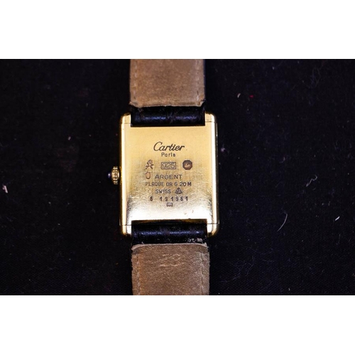 334 - CARTIER TANK WATCH GOLD ON SILVER MANUAL AUTOMATIC WITH SAPPHIRE WINDER AND LEATHER STRAP