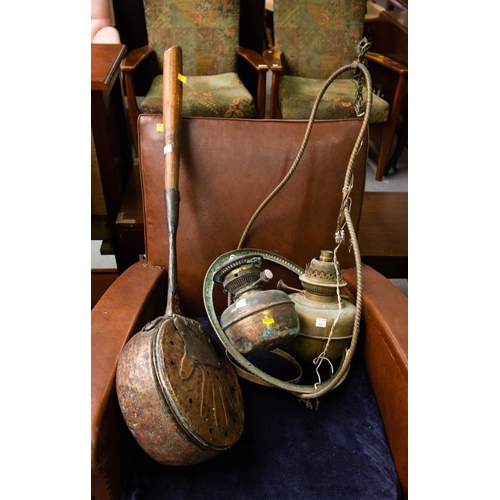 373 - COPPER BED WARMER + HANGING OIL LAMPS AF