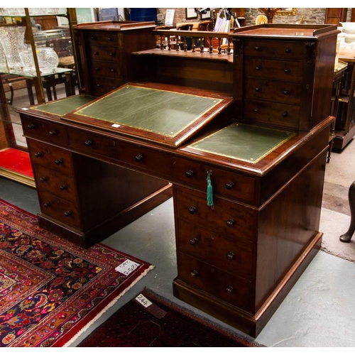 466 - VICTORIAN MAHOGANY DICKENS DESK. 155CM WIDE X 76CM DEEP X 120CM HIGH