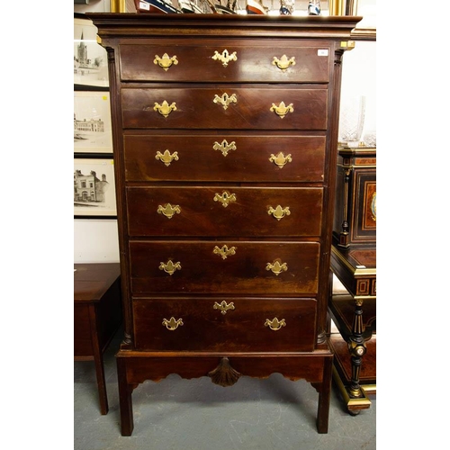 ANTIQUE IRISH MAHOGANY 6 DRAWER TALLBOY CHEST WITH CANTED CORNERS + BRASS FITTINGS 100W X 52D X 180H CM - P.J. WALSH & SONS, DUBLIN