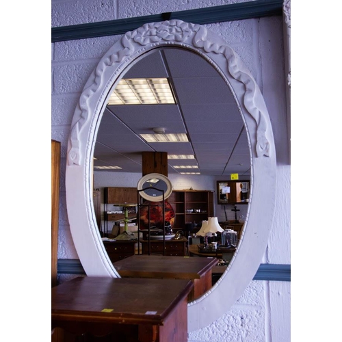 587 - 2 PENCIL DRAWINGS IN WHITE PAINTED FRAMES + WHITE PAINTED MIRROR