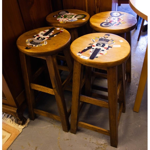 601 - SET OF 4 HIGH STOOLS WITH MOTOR RACING PAINTED TOPS