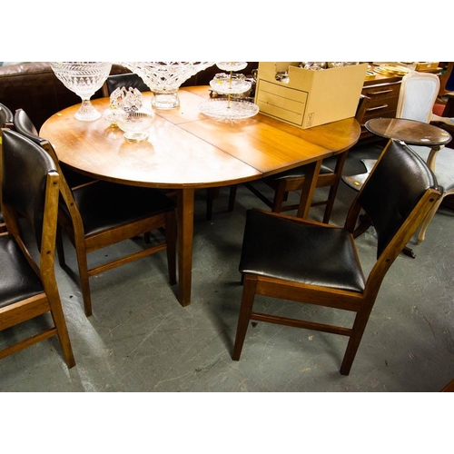 603 - MID CENTURY ROUND TEAK TABLE + 6 CHAIRS. MEASURES 118 DIAM + 38CM LEAF