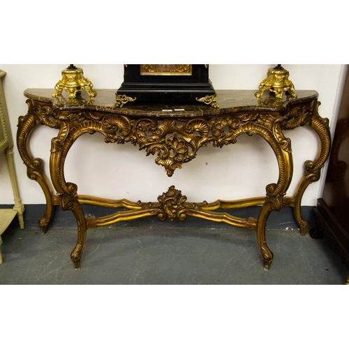 SHAPED GILT WOOD CONSOLE TABLE WITH MARBLE TOP 160W X 45D X 80H CM