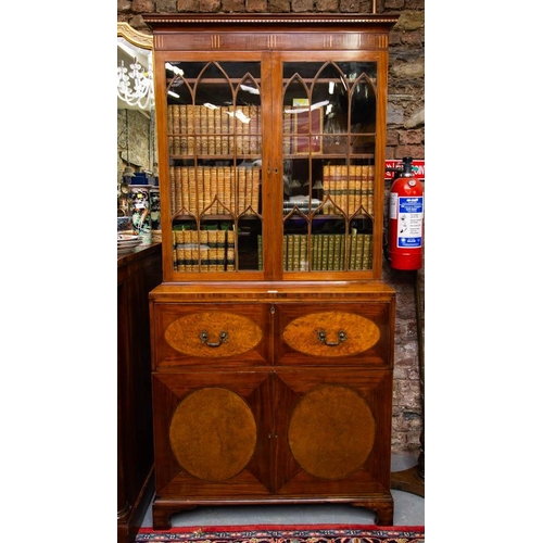 QUALITY ANTIQUE WALNUT SECRETAIRE BOOKCASE, WITH OVAL PANELS ON BRACKET FEET. 111 X 50 X 220CM HIGH