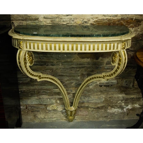 PAIR OF GILDED + PAINTED MARBLE TOP CONSOLE TABLES 86 X 40 X 95H CM