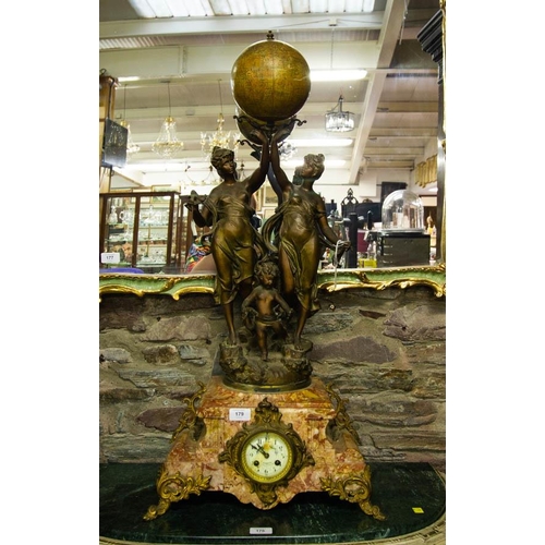 MARBLE CLOCK WITH SPELTER FIGURE + GLOBE 90H CM