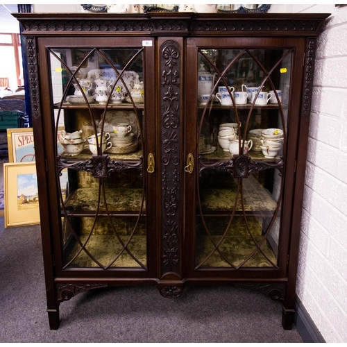 61 - ORNATE MAHOGANY 2 DOOR DISPLAY CABINET AF 122W X 47D X 142H CM