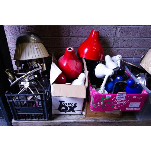 808 - 3 RED LIGHT SHADES + BOX OF LIGHTS + COLLECTION OF LIGHTS + LAMPS