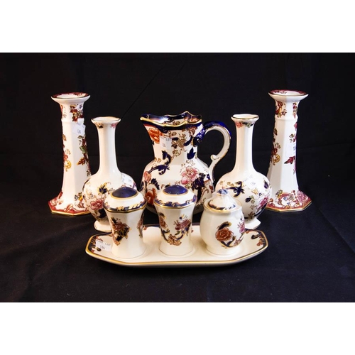 184 - MASONS MANDALAY JUG, CRUET, PAIR OF VASES + PAIR OF CANDLESTICKS