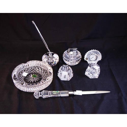 189 - WATERFORD CRYSTAL PEN, LIGHTER, PAIR OF CANDLE STICK HOLDERS, CLOCK + LETTER OPENER