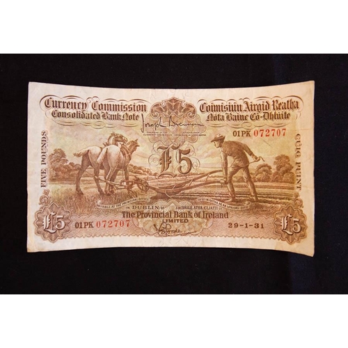 A RARE CURRENCY COMMISSION PLOUGHMANS £5 NOTE ISSUED PROVINCIAL BANK OF IRELAND 1931