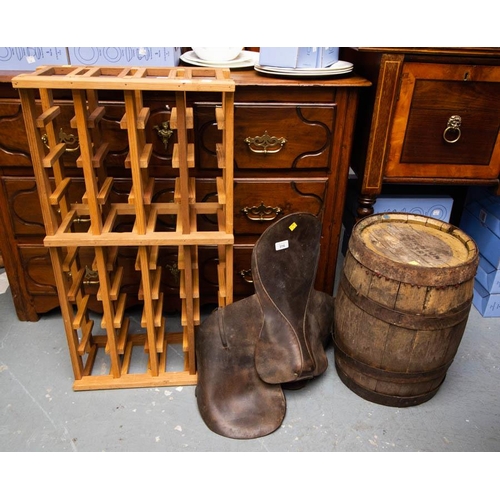 316 - OLD BARREL, WINE RACK + SADDLE