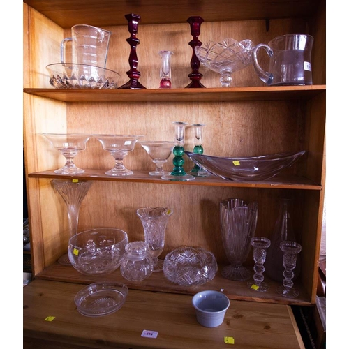 324 - MISC GLASS BOWLS, CANDLESTICKS ETC + 2 BOXES OF MISC KITCHENALIA