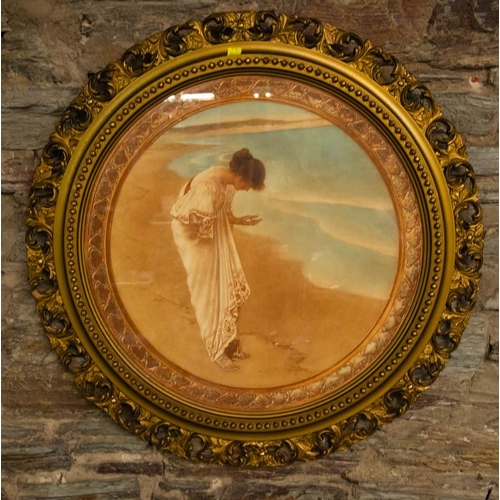 131 - PAIR OF ORNATE ROUND GILT FRAME PRINTS. 70CM DIAMETER