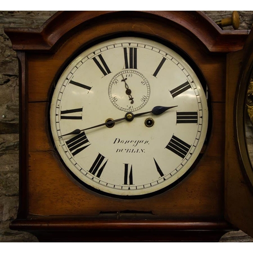 132 - VICTORIAN MAHOGANY CASE GRANDFATHER CLOCK WITH PAINTED FACE + ROMAN NUMERALS - DONEGAN, DUBLIN