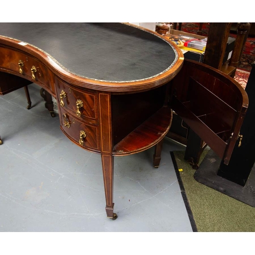 238 - SUPERB QUALITY EDWARDIAN KIDNEY SHAPED INLAID DESK WITH 5 DRAWERS + CUPBOARD SIDES 126L X 70W X 78H ... 