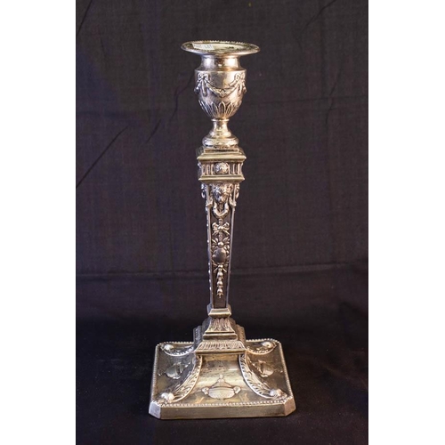 255 - PAIR OF ADAMS STYLE CANDLESTICKS ON SQUARE BASE WITH SWAG DECOR. DATED LONDON 1903, 2240G (WEIGHTED)