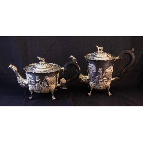 259 - SUPERB 4 PIECE IRISH SILVER TEA SET, INCLUDING TEA POT, COFFEE POT, SUGAR BOWL + MILK JUG. DATED DUB... 