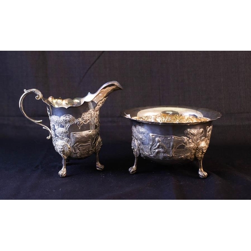 259 - SUPERB 4 PIECE IRISH SILVER TEA SET, INCLUDING TEA POT, COFFEE POT, SUGAR BOWL + MILK JUG. DATED DUB... 