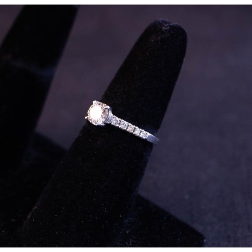 269 - PLATINUM LAB DIAMOND SOLITAIRE RING WITH GRADUATED DIAMOND SHOULDERS WITH CERT. CENTRE STONE .66CT, ... 