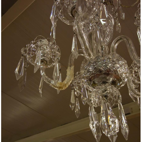 279 - WATERFORD CRYSTAL 5 BRANCH CHANDELIER AS FOUND - ONE ARM HAS OLD BREAK
60CM DROP, 45CM W