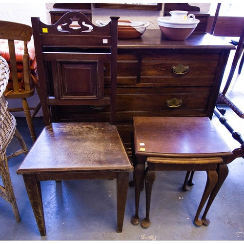 410 - YEW WOOD CHEST, NEST OF 2 TABLES + HALL CHAIR AF + MAHOGANY HALL MIRROR