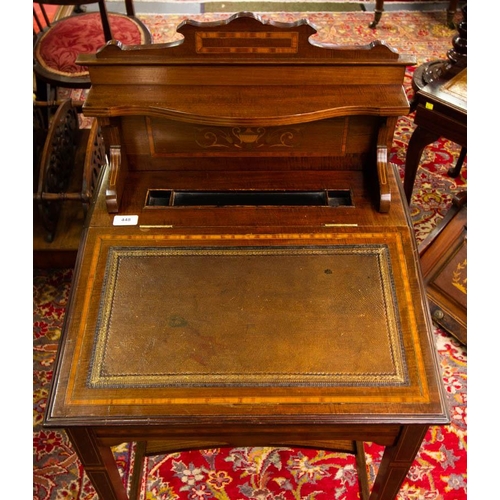 448 - SUPER QUALITY EDWARDIAN INLAID LADIES DESK WITH LEATHER SLOPE . 54 X 49 X 105CM HIGH