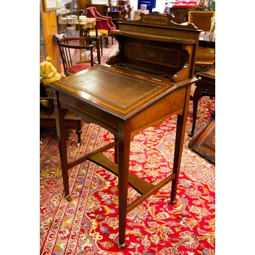 448 - SUPER QUALITY EDWARDIAN INLAID LADIES DESK WITH LEATHER SLOPE . 54 X 49 X 105CM HIGH