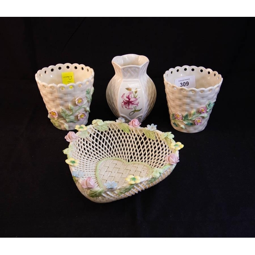 460 - BELLEEK LATTICE FLOWER BASKET + 3 VASES - 1 AF