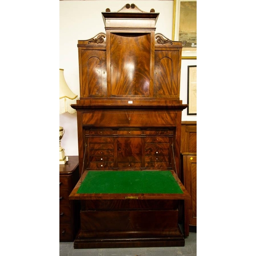 476 - UNUSUAL TALL ANTIQUE MAHOGANY DROP FRONT BUREAU WITH CUPBOARD TOP. 110W X 55D X 228CM HIGH