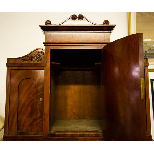 476 - UNUSUAL TALL ANTIQUE MAHOGANY DROP FRONT BUREAU WITH CUPBOARD TOP. 110W X 55D X 228CM HIGH