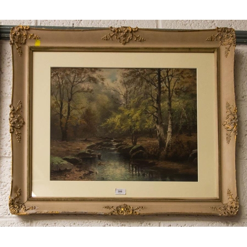 494 - WOODLAND SCENE PRINT IN PAINTED FRAME + TAPESTRY FIRE SCREEN